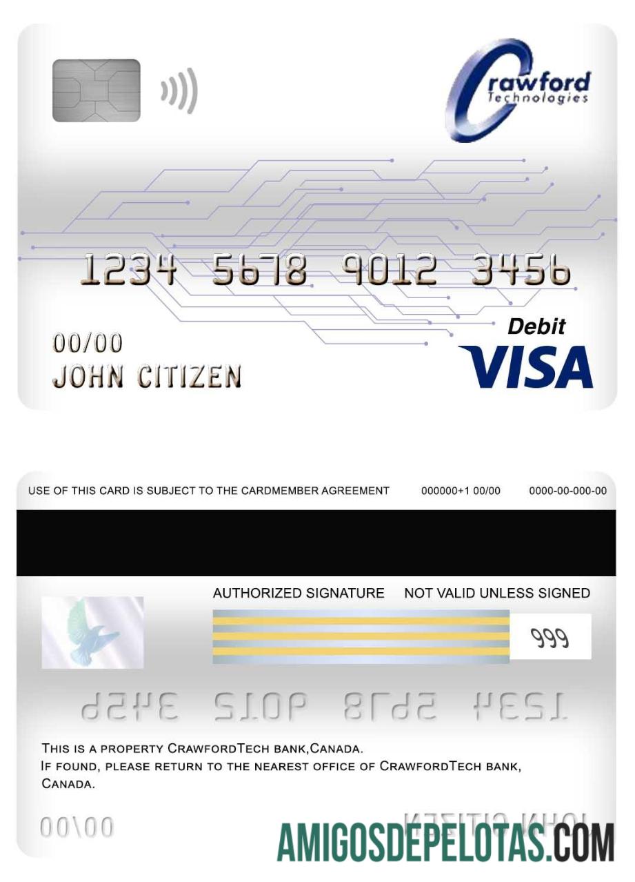 Cartão de débito Visa do Canadá Crawfordtech Bank exemplo real